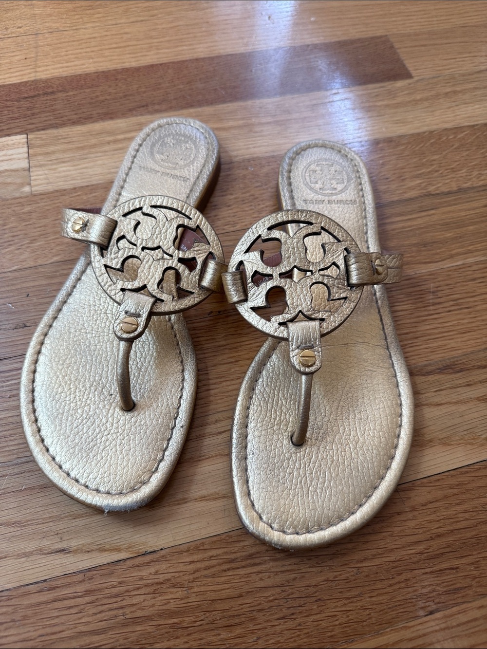 Tory Burch Metallic Gold Logo Thong Sandals
